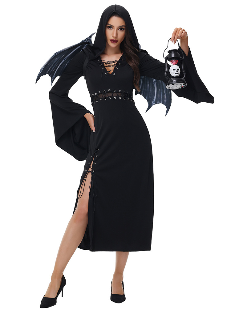 Gothic Black Hooded Long Dress - Women Witch Vampire Bride Costume